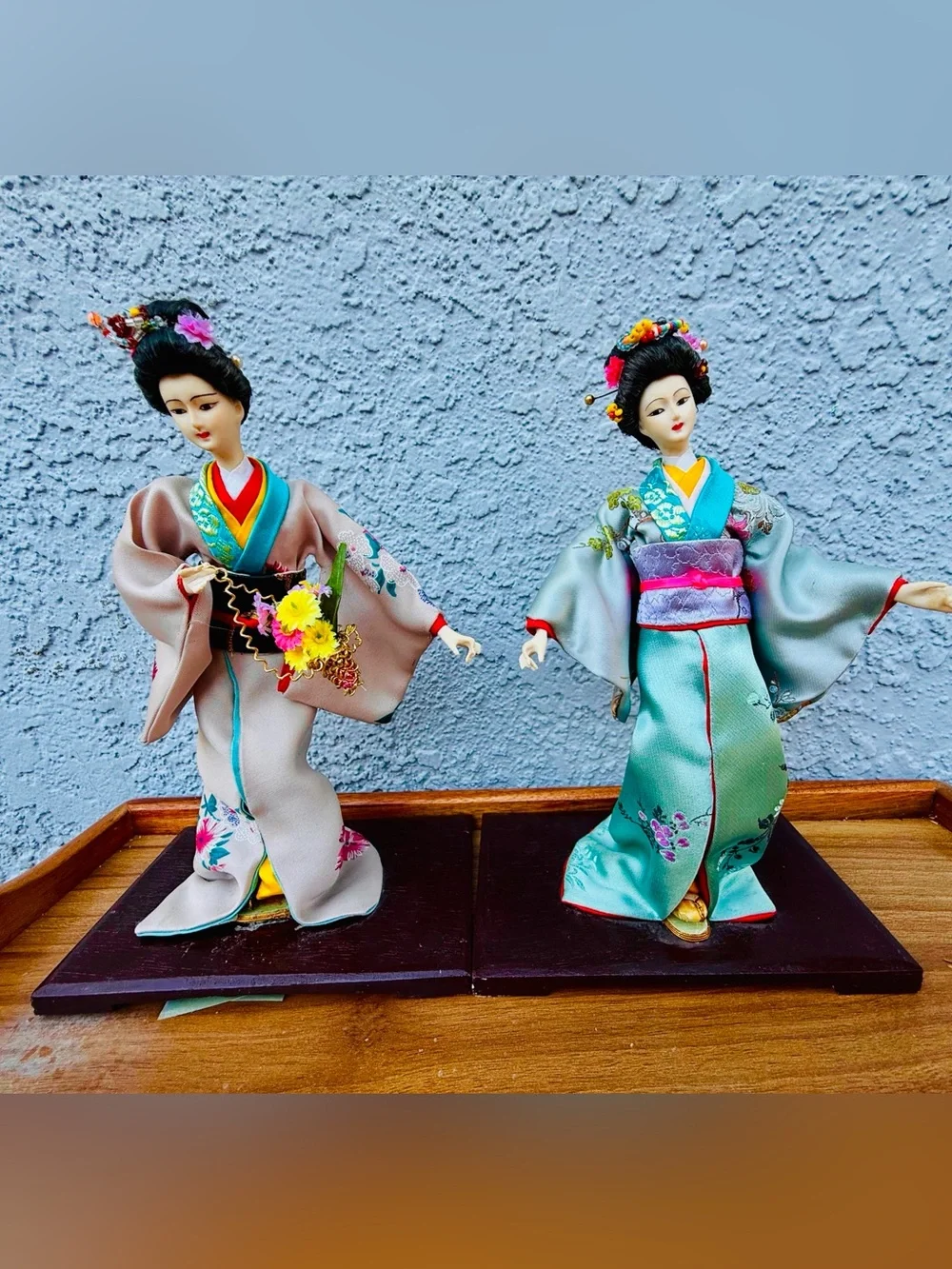 Vintage Japanese Geisha Kimono Dolls Lot of 2 Wooden Base 10